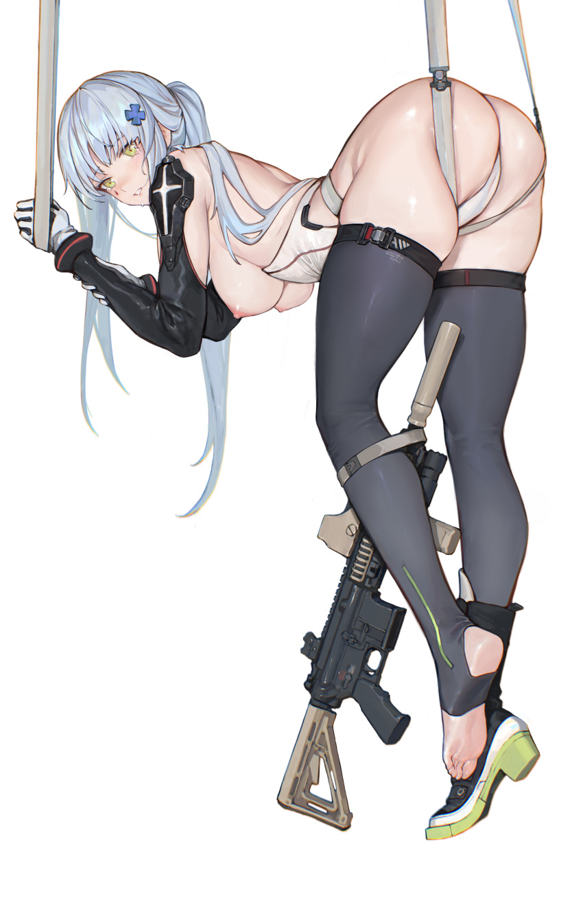 1girl absurdres ass assault_rifle bent_over black_thighhighs blue_hair blush breasts commentary_request cross_hair_ornament full_body girls'_frontline green_eyes gun h&amp;k_hk416 hair_ornament highres hk416_(girls'_frontline) hk416_(midnight_evangelion)_(girls'_frontline) iuui large_breasts leotard light_blue_hair long_hair looking_at_viewer looking_back nipples parted_lips rifle shoes single_shoe skindentation smile solo stirrup_legwear thighhighs toeless_legwear weapon