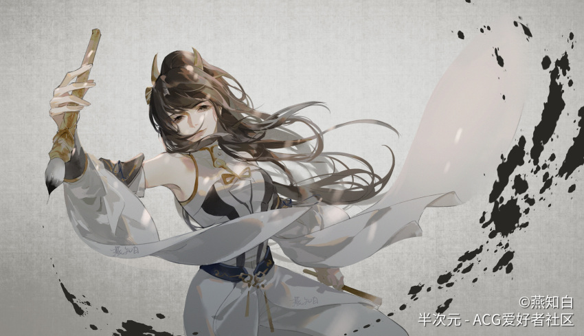 1girl absurdres brown_hair closed_mouth detached_sleeves dress hair_ornament hand_up highres holding holding_brush ink_stain long_hair ponytail shanguang_wan'er_(wangzhe_rongyao) shiny shiny_hair smile solo squinting upper_body wangzhe_rongyao white_dress yanzhi_bai
