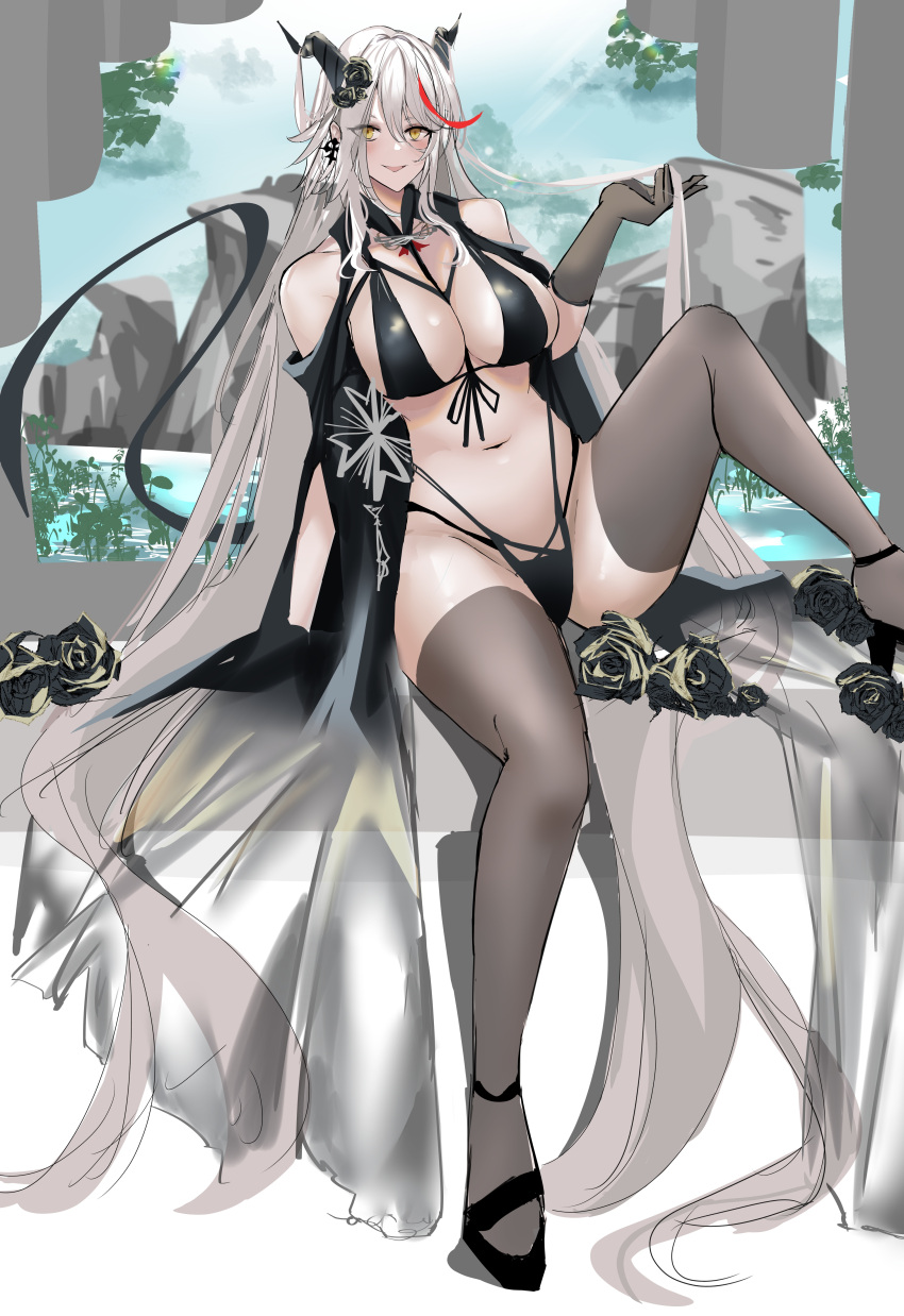 1girl absurdly_long_hair absurdres aegir_(azur_lane) alternate_costume asymmetrical_gloves azur_lane bikini black_bikini black_flower black_rose cross cross_earrings earrings eyes_visible_through_hair flower front-tie_bikini_top front-tie_top grey_hair grey_thighhighs hair_flower hair_ornament highres jewelry long_hair multicolored_hair phantasmaliagon red_hair rose solo streaked_hair swimsuit thighhighs two-tone_hair very_long_hair yellow_eyes