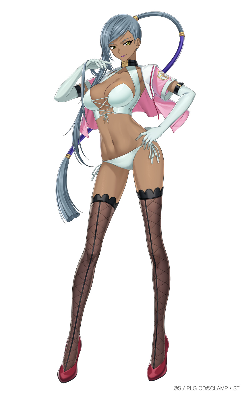1girl absurdres alpha_transparency breasts cleavage code_geass collaboration copyright counter:side dark-skinned_female dark_skin elbow_gloves full_body gloves grey_hair highres large_breasts long_hair navel official_art panties red_footwear tachi-e thighhighs transparent_background underwear villetta_nu white_gloves white_panties yellow_eyes