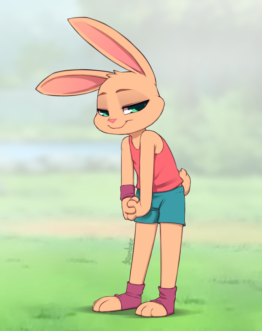 ambiguous_gender anthro bottomwear clothing hi_res kionbee lagomorph leg_warmers legwear leporid looking_at_viewer mammal rabbit shirt shorts solo topwear wristband