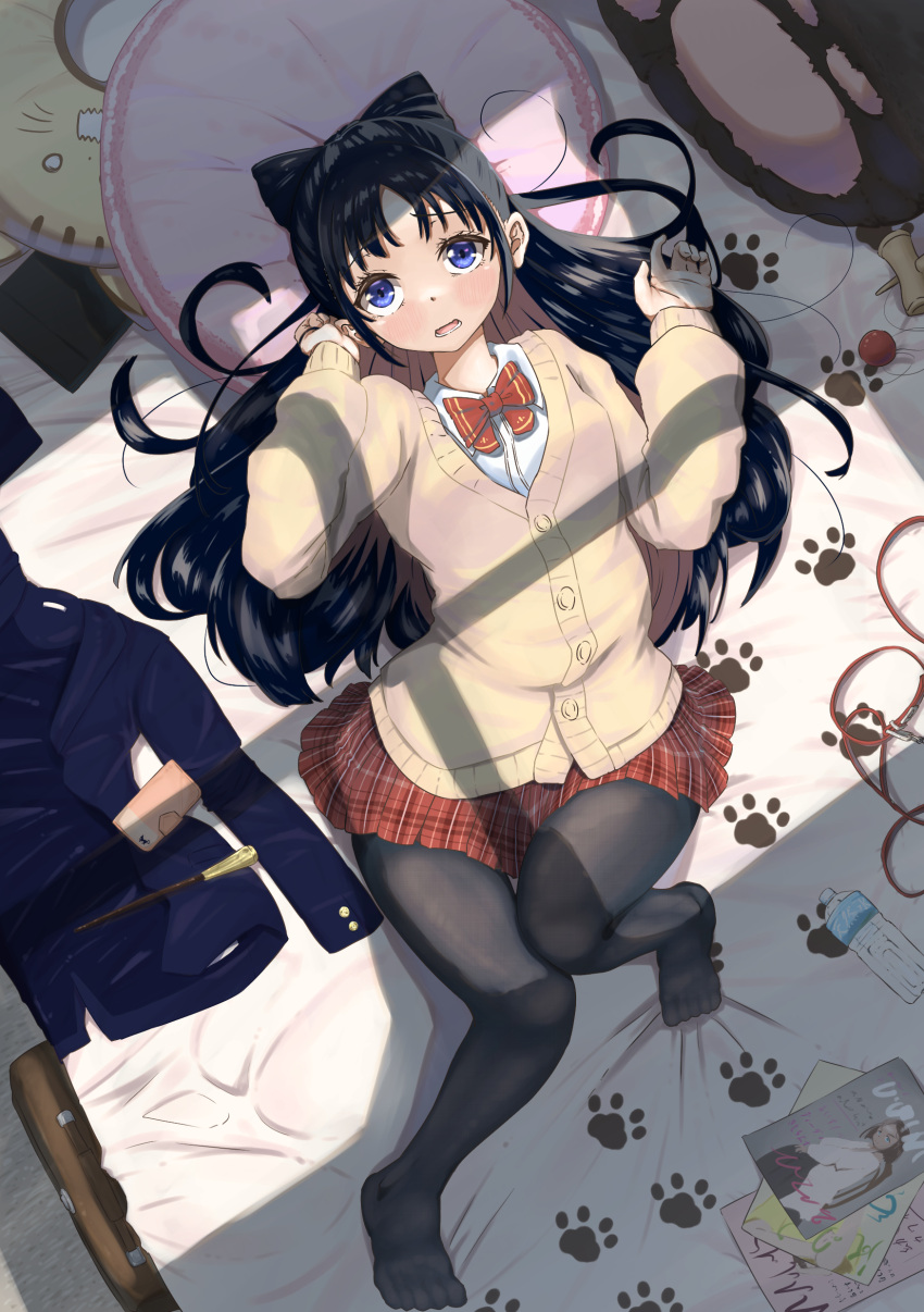 1girl :o absurdres black_hair black_pantyhose blue_eyes bottle bow brown_sweater from_above highres indoors kendama leash long_hair long_sleeves lying magazine_(object) miyao_nemu ni_tanto on_back on_bed pantyhose paw_print pillow plaid plaid_skirt red_bow red_skirt skirt sweater wallet water_bottle witch_watch