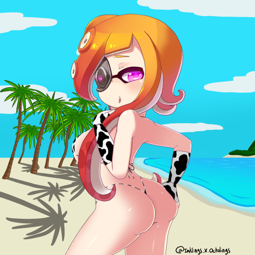 1girl animal_print ass beach blue_sky cosplay cow_print gloves highres inkling inkling_girl long_hair looking_at_viewer looking_back mask non-web_source ocean octarian orange_hair palm_tree purple_eyes sky swimsuit takozonesu tentacle_hair tentacles tree