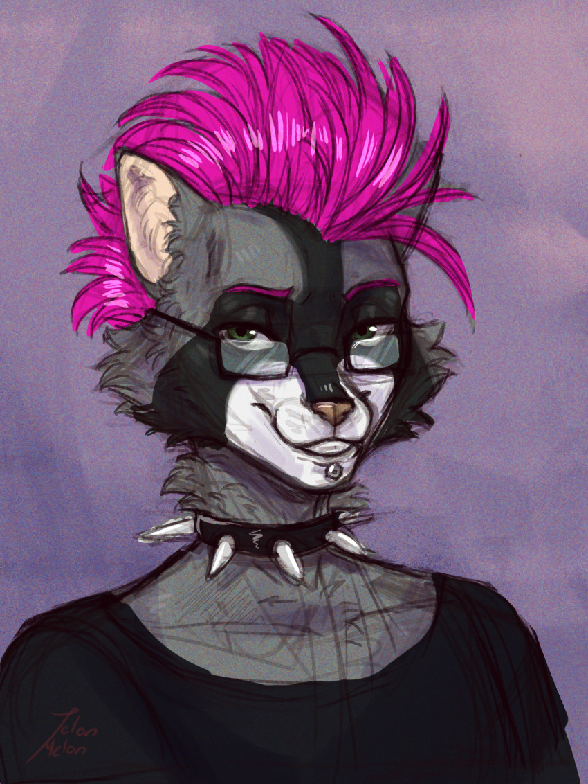 anthro choker collar ethan_bedlam eyewear facial_piercing glasses green_eyes hair headshot headshot_portrait hi_res jelon-melon jewelry labret_piercing lip_piercing male mammal mohawk necklace piercing pink_hair portrait procyonid raccoon solo spiked_collar spikes