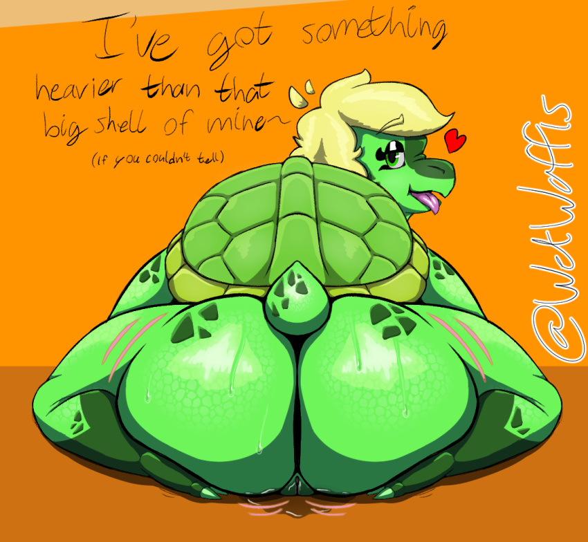 &lt;3 anthro big_butt blonde_hair bodily_fluids butt female genital_fluids genitals green_eyes hair huge_butt jiggling orange_background presenting presenting_hindquarters pussy pussy_juice reptile scales scalie shell simple_background sitting solo sweat sweaty_butt tetra_(wetwaffls) tortoise turtle wetwaffls