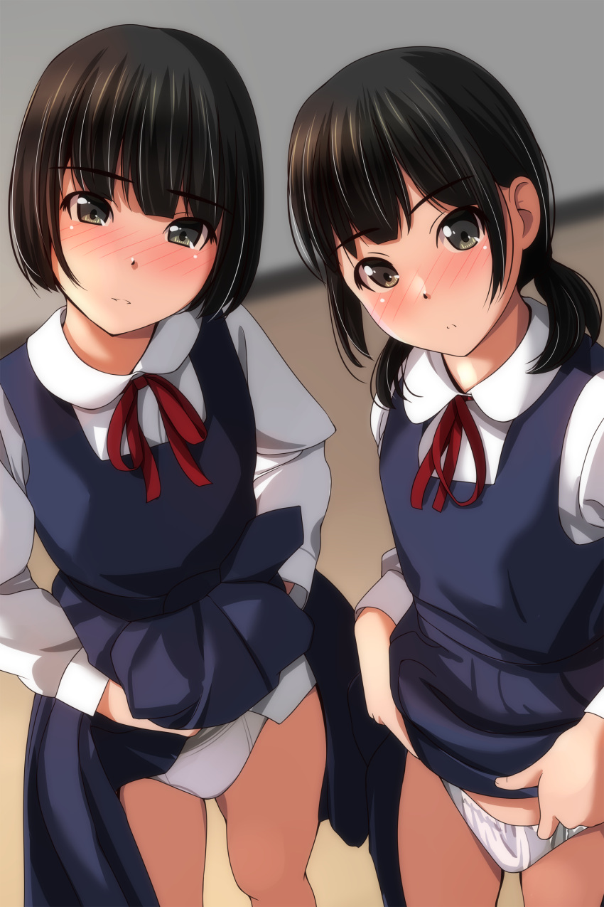 2girls absurdres bangs black_hair blue_dress blurry blurry_background blush brown_eyes clothes_lift collared_shirt depth_of_field dress dress_lift highres indoors lifted_by_self long_hair looking_at_viewer low_twintails matsunaga_kouyou multiple_girls neck_ribbon nose_blush original panties parted_lips pinafore_dress pleated_dress red_ribbon ribbon school_uniform shirt sleeveless sleeveless_dress twintails underwear white_panties white_shirt