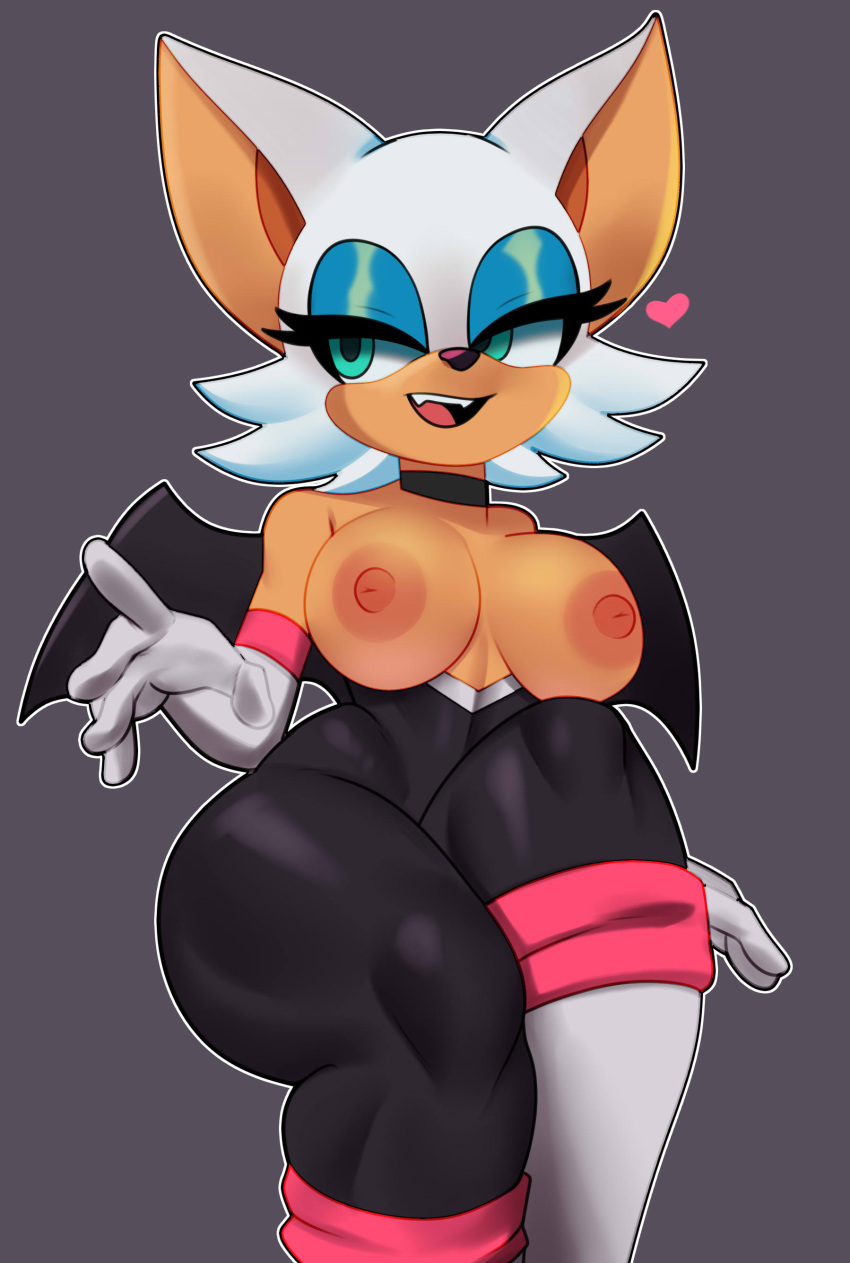 &lt;3 2022 5_fingers absurd_res anthro areola armwear bare_shoulders breasts chiropteran clothed clothing elbow_gloves eyeshadow female fingers fur gloves green_eyes handwear hi_res makeup mammal narrowed_eyes nipples open_mouth postblue98 rouge_the_bat sega simple_background solo sonic_the_hedgehog_(series) tan_body tan_skin teeth tongue topless white_body white_fur wings