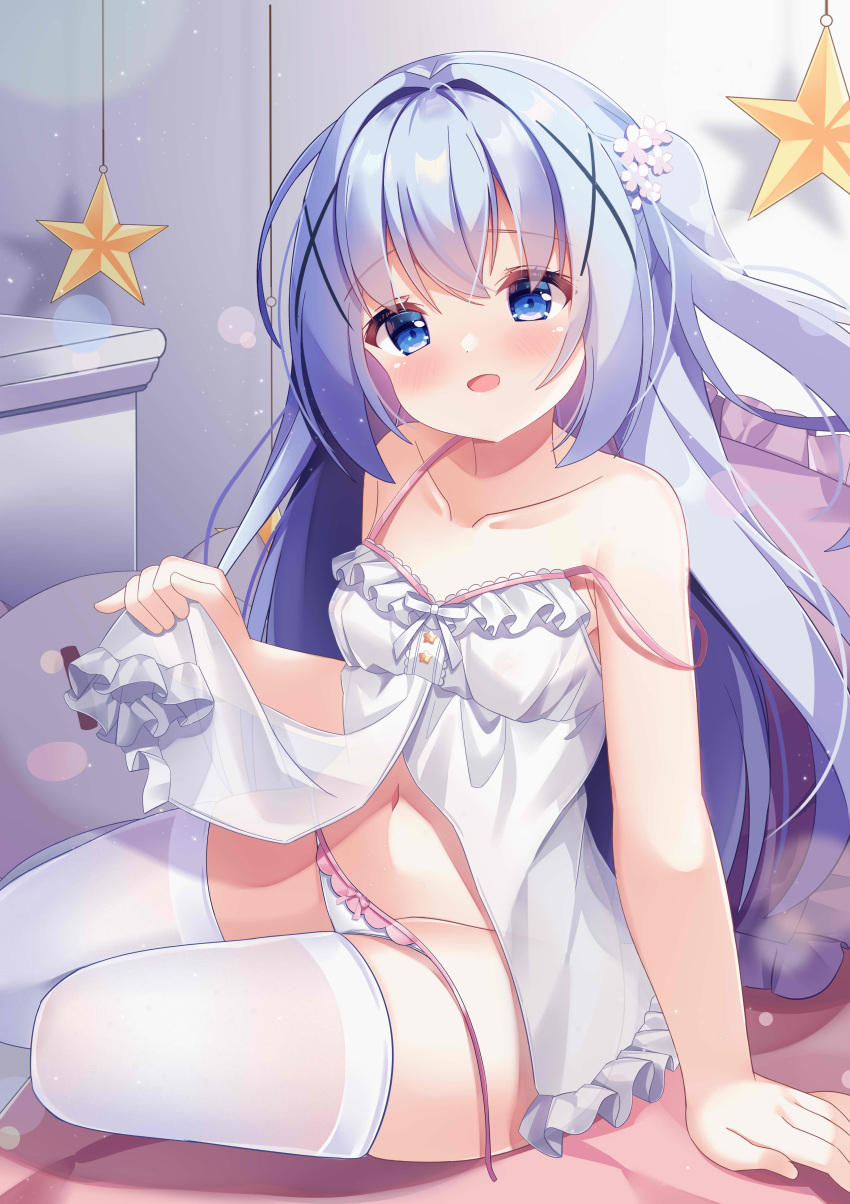 1girl absurdres babydoll bangs blue_eyes blue_hair blush bow bow_panties breasts collarbone cushion dot_nose fengshen_chino flower frills gochuumon_wa_usagi_desu_ka? hair_flower hair_ornament highres indoors kafuu_chino lifted_by_self light_particles long_hair looking_at_viewer midriff navel on_bed panties side-tie_panties sitting small_breasts smile solo spaghetti_strap star_(symbol) strap_slip thighhighs thighs underwear underwear_only white_babydoll white_panties white_thighhighs x_hair_ornament