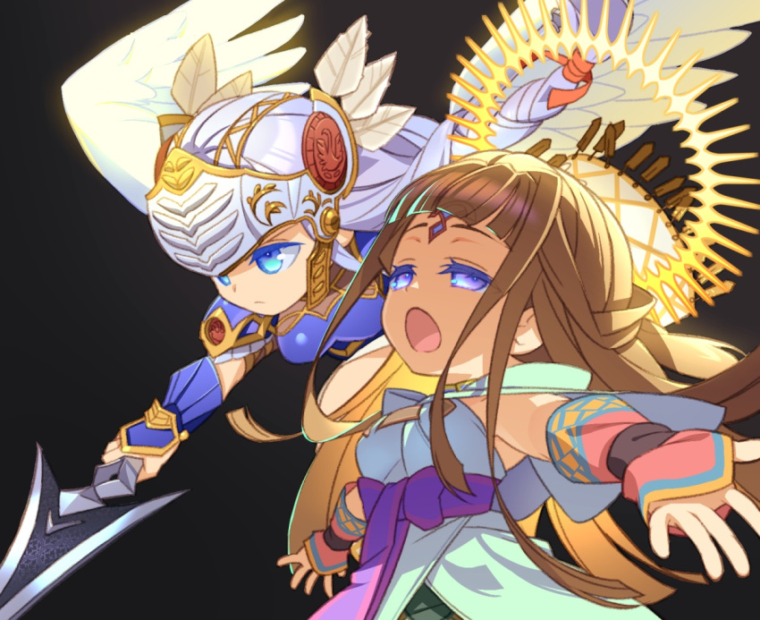 2girls armor armored_dress bangs blue_armor blue_eyes brown_hair gauntlets helmet lenneth_valkyrie long_hair multiple_girls shiho_(valkyrie_profile) shoulder_armor valkyrie valkyrie_profile weapon white_hair winged_helmet wings yunde_(twez3727)