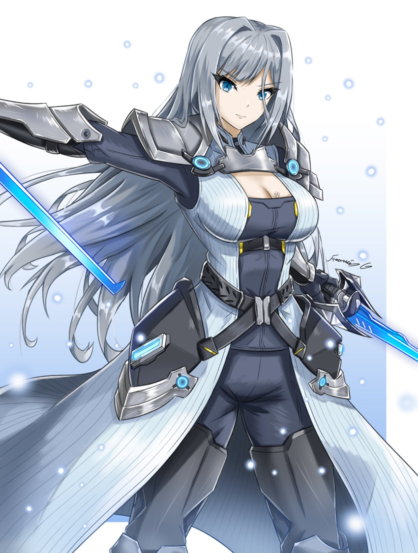 1girl armor blue_eyes breast_tattoo breasts cleavage_cutout clothing_cutout ethel_(xenoblade) fgsketch grey_hair highres holding holding_sword holding_weapon large_breasts long_hair shoulder_armor solo sword tattoo weapon xenoblade_chronicles_(series) xenoblade_chronicles_3
