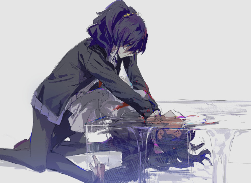 2girls asahina_mafuyu asphyxiation black_jacket black_pantyhose blue_eyes choke_hold clenched_teeth closed_mouth commentary drowning dual_persona floating_hair grey_background highres jacket kneeling long_hair looking_at_another multiple_girls nashinashi on_ground pantyhose parted_lips ponytail project_sekai purple_hair simple_background strangling teeth transparent water wavy_hair