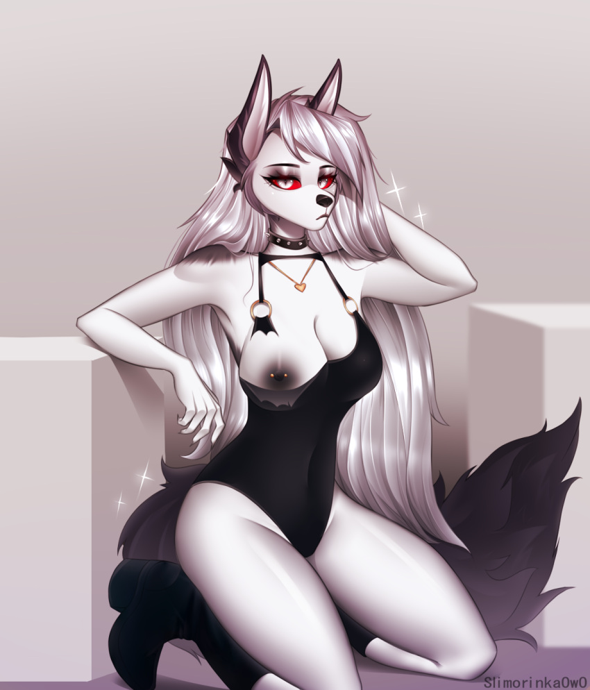 &lt;3 anthro areola black_areola black_nipples breasts canid canid_demon canine canis choker cleavage clothed clothing cube demon dress female hair hellhound helluva_boss hi_res jewelry long_hair loona_(helluva_boss) mammal necklace nipple_piercing nipples piercing red_eyes slimorinkaowo solo star wardrobe_malfunction