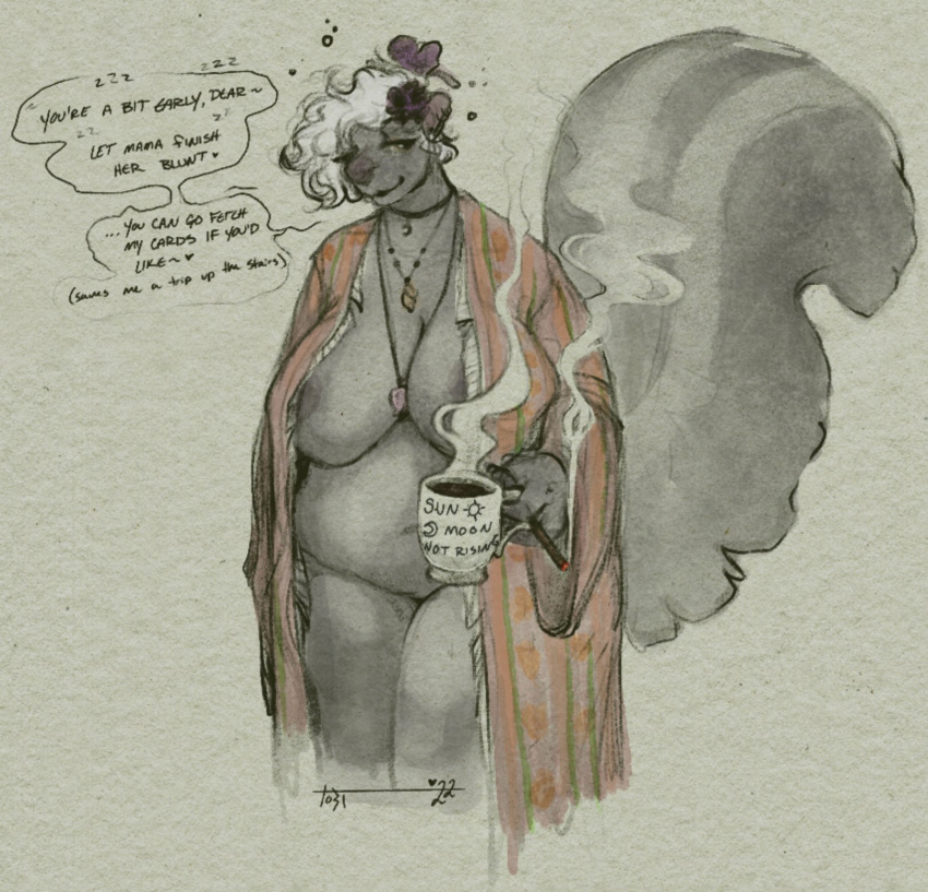 2022 accessory anthro areola bathrobe big_breasts biped black_body black_fur blushing_yokai breasts clothed clothing coffee_mug dialogue drugs english_text female flower flower_in_hair fur hair hair_accessory hi_res mammal marijuana mephitid open_clothing open_robe plant robe skunk smile smoking_weed solo talking_to_viewer text tired white_body white_fur white_hair