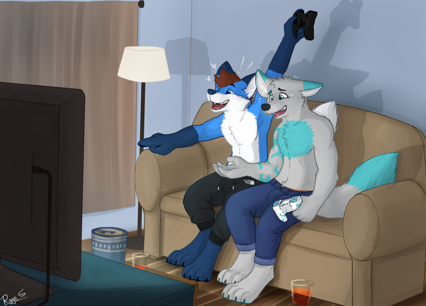 anthro beverage black_bottomwear black_clothing black_nose black_pants blue_body blue_bottomwear blue_clothing blue_ears blue_eyes blue_fur blue_pants bottomwear brown_hair cheek_tuft chest_tuft clothed clothing controller curtains duo facial_tuft fur furniture gaming gloves_(marking) grey_body grey_ears grey_fur hair hi_res holding_controller holding_object inside lamp laugh looking_at_television male markings on_sofa open_mouth open_smile pache_riggs pants playing_videogame signature sitting smile sofa television three-quarter_view topless tuft white_body white_fur