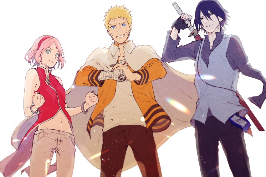 1girl 2boys bandaged_arm bandages bangs bare_arms black_eyes black_gloves black_pants blonde_hair blue_eyes blue_hair boruto:_naruto_next_generations bracelet cape clenched_hands closed_mouth dress_shirt fingerless_gloves gloves green_eyes grey_shirt grey_vest grin groin hair_between_eyes hairband haruno_sakura highres holding holding_sword holding_weapon jacket jewelry midriff multiple_boys naruto_(series) navel open_clothes open_jacket orange_jacket pants parted_bangs pink_hair purple_eyes red_hairband rinnegan sheath shirt short_hair simple_background smile standing stomach suzu_(tg_390) sword team7 uchiha_sasuke unsheathing uzumaki_naruto very_short_hair vest weapon white_background white_cape white_pants white_shirt