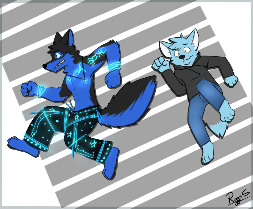 abstract_background anthro black_body black_bottomwear black_clothing black_ears black_fur black_head_tuft black_hoodie black_nose black_pants black_tail black_topwear blue_body blue_bottomwear blue_clothing blue_ears blue_fur blue_head_tuft blue_inner_ear blue_pants blue_tail bottomwear canid cheek_tuft clothed clothing duo facial_tuft front_view fur grey_body grey_fur grey_tail head_tuft hi_res hoodie jewelry male mammal mouth_closed navel neck_tuft necklace pache_riggs pants signature teeth topless topwear tuft wavy_mouth white_inner_ear
