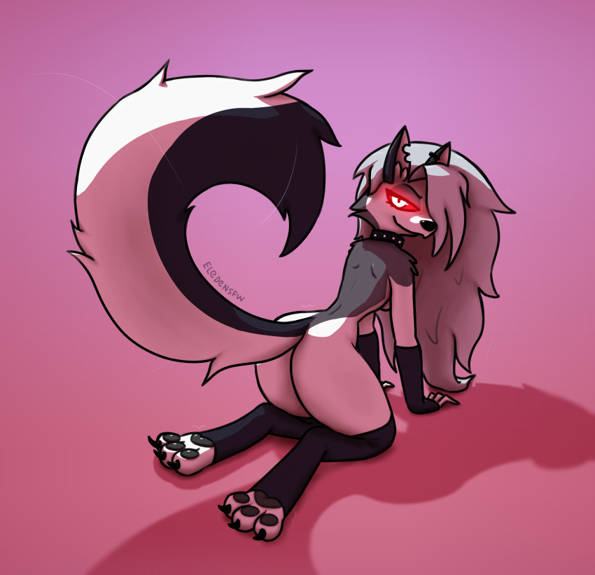 anthro arm_warmers armwear big_feet big_tail bright_eyes butt canid canid_demon canine canis claws clothing collar demon ear_piercing eledensfw feet female fur grey_body grey_fur grey_hair hair handwear hellhound helluva_boss hi_res kneeling leggings legwear long_ears looking_at_viewer loona_(helluva_boss) mammal nude paws piercing presenting presenting_hindquarters raised_tail red_eyes red_sclera simple_background smile smiling_at_viewer solo spiked_collar spikes tights white_body wolf