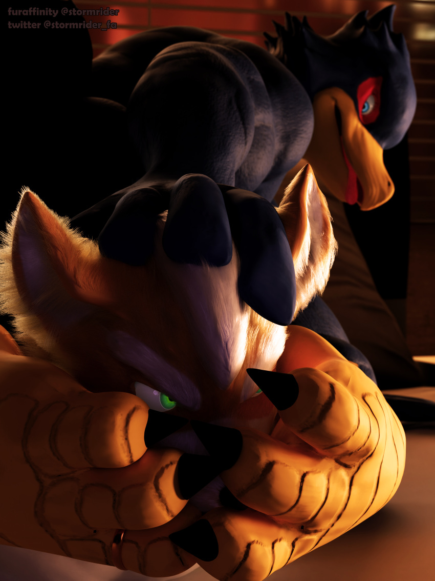 3_toes 3d_(artwork) absurd_res anthro avian bird blender_(software) canid canine digital_media_(artwork) duo falco_lombardi falcon falconid feet foot_fetish foot_in_face foot_on_face fox fox_mccloud hand_on_head head_push hi_res male male/male mammal nintendo star_fox stormrider talons toes video_games