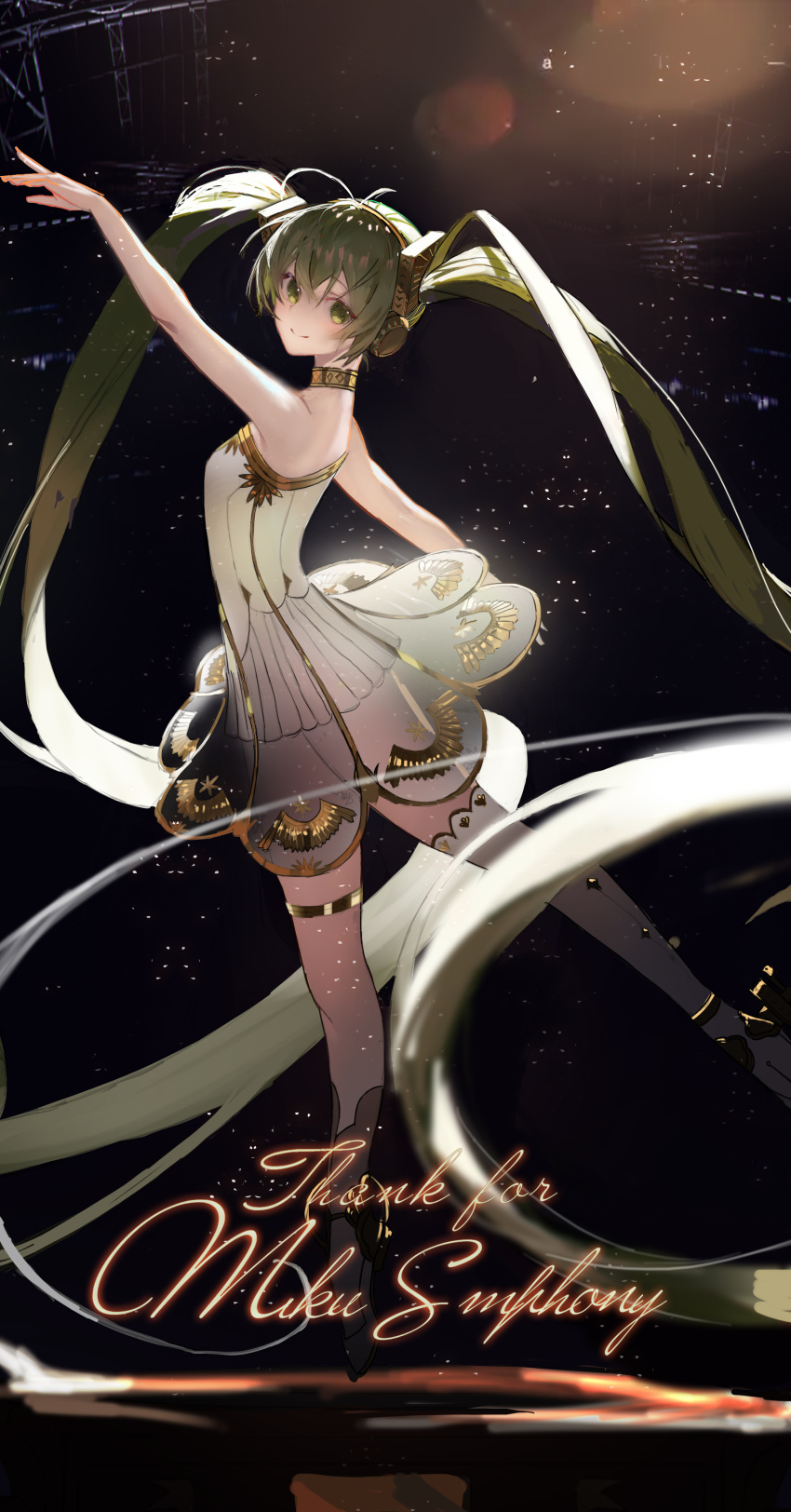 1girl absurdres asymmetrical_legwear bangs bare_arms bare_shoulders black_thighhighs closed_mouth commentary dress duzizai from_side gramophone_miku green_eyes green_hair hair_between_eyes hatsune_miku headphones highres long_hair looking_at_viewer looking_to_the_side miku_symphony_(vocaloid) see-through single_sock single_thighhigh sleeveless sleeveless_dress smile socks solo standing standing_on_one_leg thank_you thighhighs twintails very_long_hair vocaloid white_dress