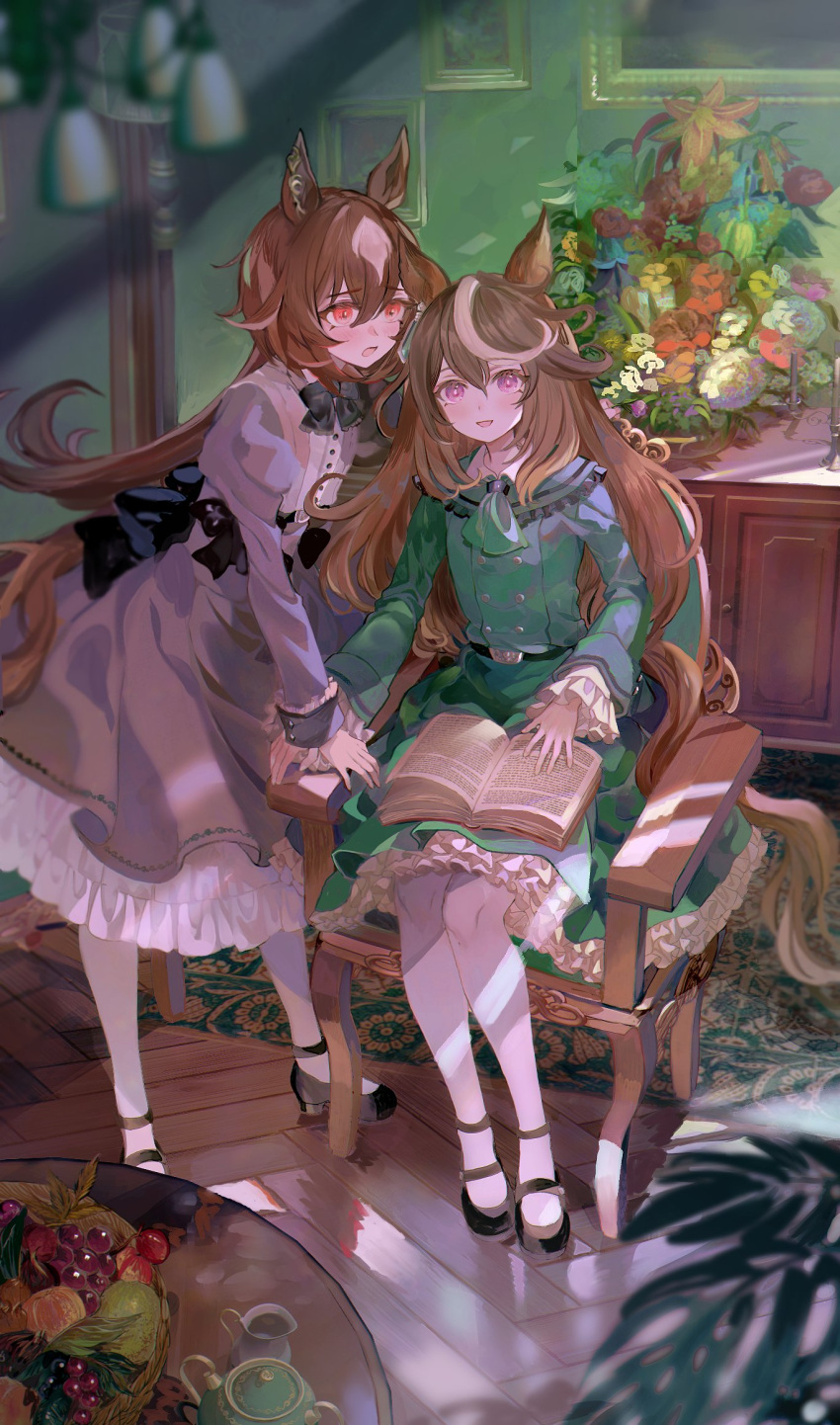 2girls aged_down animal_ears ascot basket belt black_footwear book bow bowtie brown_hair chair dress flower food fruit green_ascot green_dress grey_dress highres horse_ears horse_girl horse_tail indoors juliet_sleeves long_sleeves mary_janes multicolored_hair multiple_girls open_book open_mouth painting_(object) puffy_sleeves purple_eyes red_eyes shoes sirius_symboli_(umamusume) sitting standing streaked_hair symboli_rudolf_(umamusume) tail thighhighs umamusume white_thighhighs yoshida_(ne)