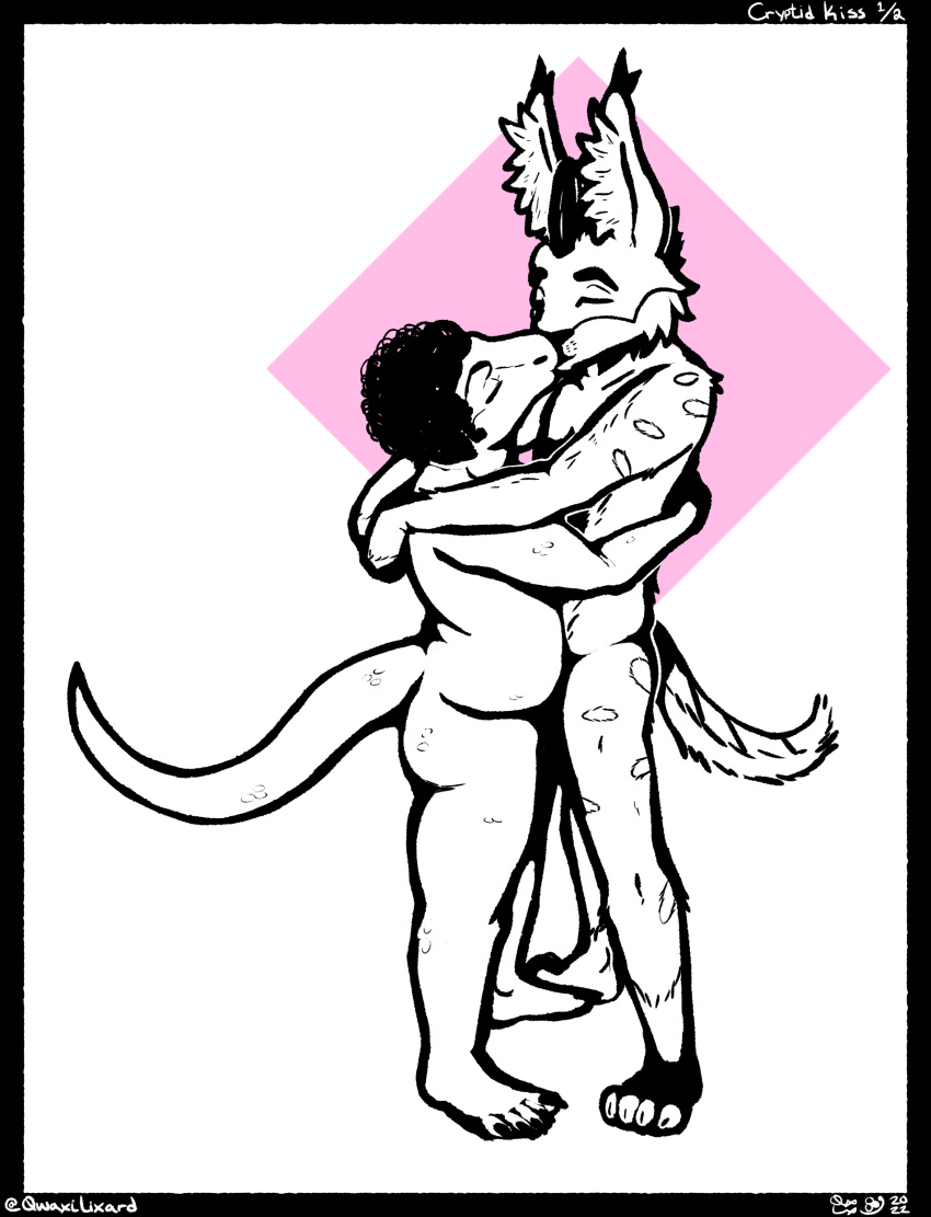 absurd_res butt digital_drawing_(artwork) digital_media_(artwork) felid feline hi_res kissing line_art lynx male male/male mammal nonbinary_(lore) nude qwaxi~lixard scalie
