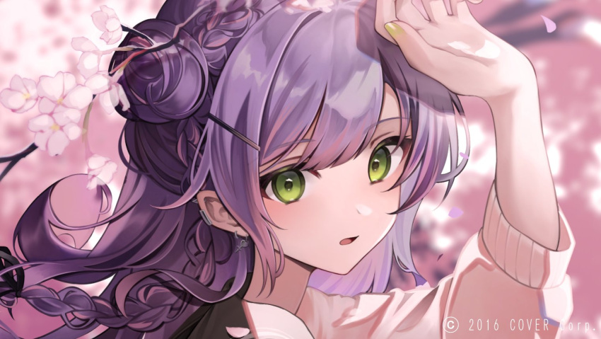1girl alternate_hairstyle amanai_daisy braid cherry_blossoms colored_tips earrings ereshkigal_(fate) french_braid green_eyes hair_bun hair_ornament hairclip heart heart_earrings hololive jewelry long_hair long_sleeves multicolored_hair official_art one_side_up paid_reward_available parted_lips pink_hair pointy_ears purple_hair shading_eyes single_side_bun solo streaked_hair surprised tokoyami_towa virtual_youtuber