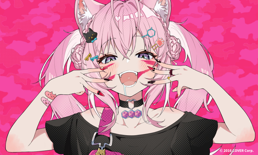 1girl absurdres animal_(vocaloid) animal_ear_fluff antenna_hair bandaid bandaid_on_arm black_choker black_nails black_shirt blush braid braided_bun choker coyote_girl crown_braid double_bun drooling fangs hair_bun hair_ornament hairclip hakui_koyori heart_o-ring hexagon_hair_ornament highres hololive long_hair looking_at_viewer multicolored_nails narita_tamezou o-ring o-ring_choker off-shoulder_shirt off_shoulder official_art open_mouth paint_splatter paint_splatter_on_face paw_hair_ornament pink_hair purple_eyes red_nails saliva shirt solo t-shirt upper_body virtual_youtuber