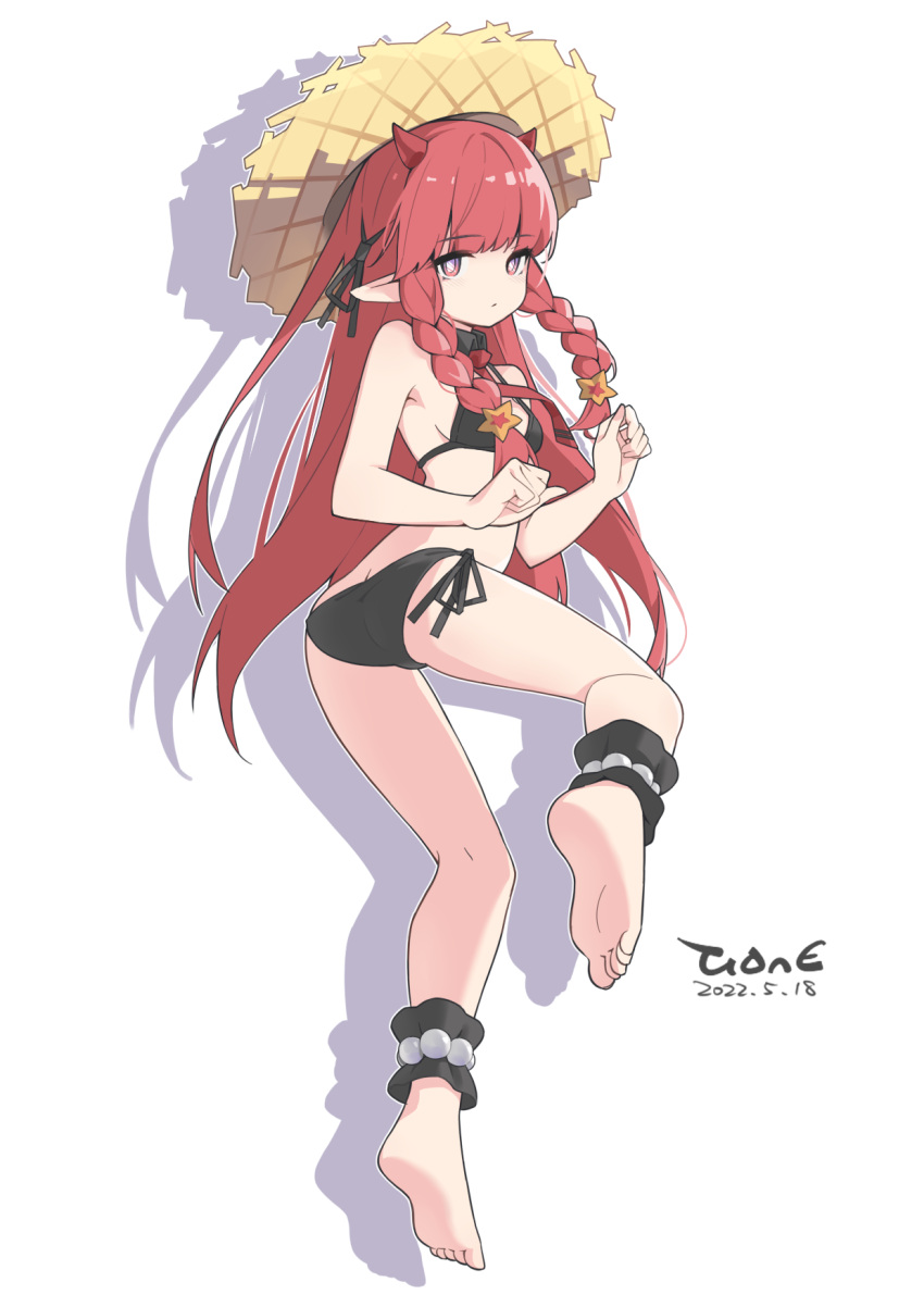 1girl ankle_cuffs arknights ass bikini black_bikini black_bow black_collar bow braid breasts collar dated demon_girl demon_horns detached_collar hair_bow hair_ornament hat highres horns long_hair looking_at_viewer no_tail official_alternate_costume red_eyes red_hair shadow side_braids simple_background small_breasts solo star_(symbol) star_hair_ornament straw_hat swimsuit very_long_hair vigna_(arknights) vigna_(casual_vacation)_(arknights) wenge_clone white_background yellow_headwear