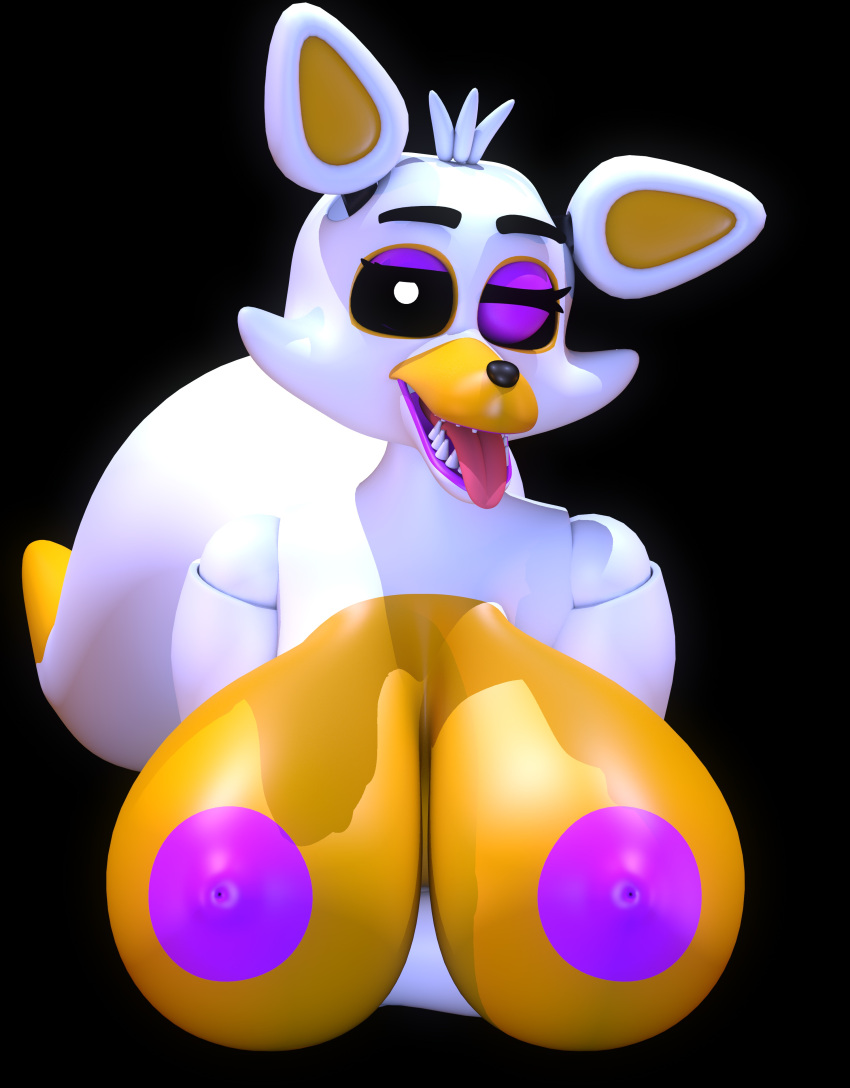 2022 3d_(artwork) absurd_res animatronic anthro big_breasts big_nipples black_background black_nose breasts canid canine cinema4d digital_media_(artwork) eyeshadow female five_nights_at_freddy's five_nights_at_freddy's_world fox geometryboymejia hi_res huge_breasts lips lolbit_(fnaf) looking_at_viewer machine makeup mammal nipples purple_eyeshadow purple_lips purple_nipples robot scottgames simple_background solo teeth tongue tongue_out video_games white_body white_eyes yellow_body