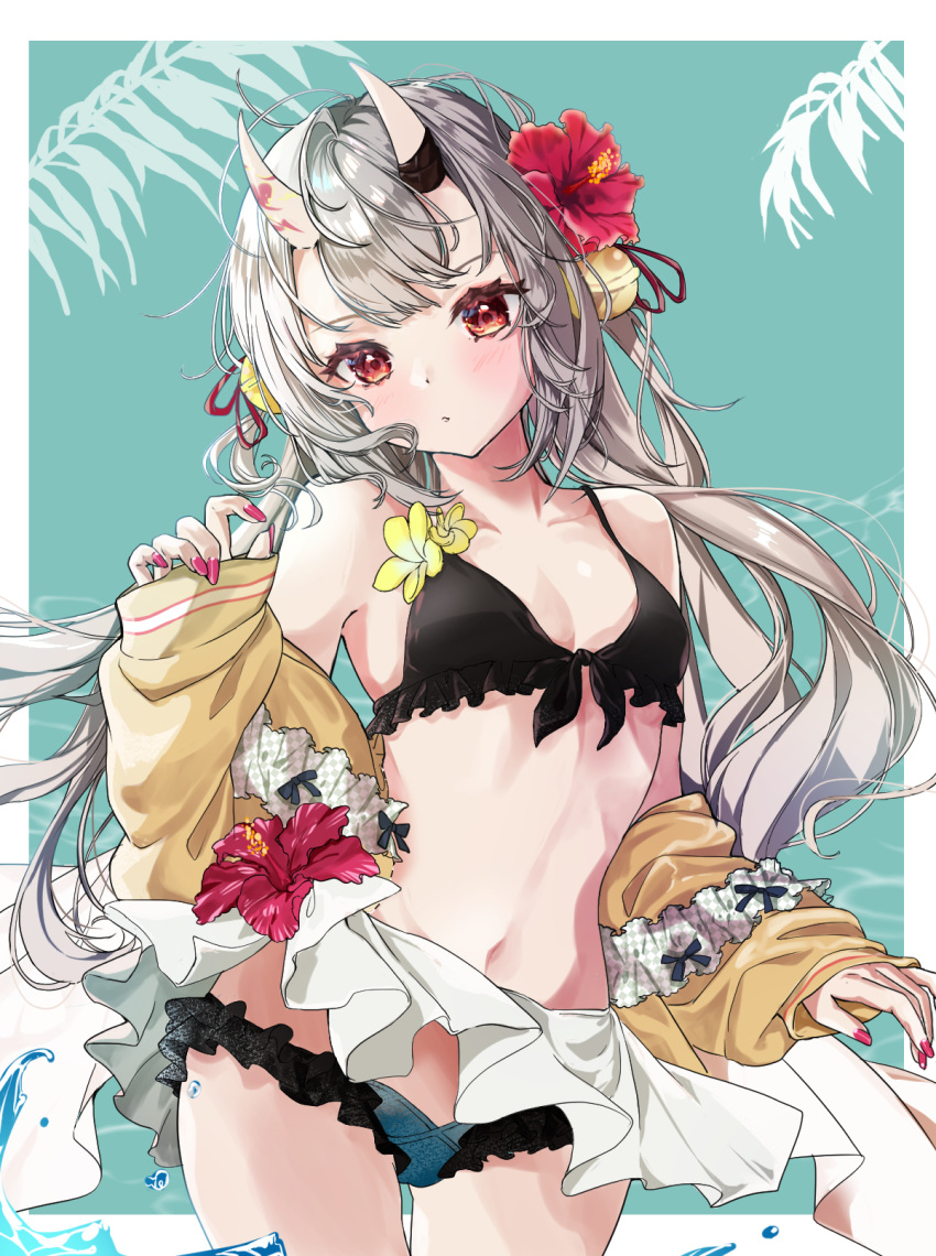 1girl :o ass_visible_through_thighs bangs bell bikini black_bikini breasts brown_jacket commentary_request cowboy_shot flower frilled_bikini frills front-tie_bikini_top front-tie_top grey_hair hair_bell hair_flower hair_ornament highres hololive horns jacket jingle_bell long_hair long_sleeves looking_at_viewer low_twintails nail_polish nakiri_ayame navel off_shoulder oni oni_horns open_clothes open_jacket parted_lips puffy_long_sleeves puffy_sleeves red_eyes red_flower red_nails sleeves_past_wrists small_breasts solo swimsuit teracha1 twintails very_long_hair virtual_youtuber