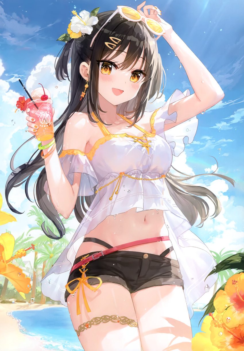 1girl absurdres bangs beach black_hair blue_sky breasts cherry cloud cloudy_sky day drinking_straw eyewear_on_head fingernails flower food fruit fuumi_(radial_engine) hibiscus highres ice_cream long_hair looking_at_viewer medium_breasts midriff nail_polish navel open_mouth original outdoors palm_leaf palm_tree scan shorts sky smile solo stomach sundae sunglasses thigh_strap tree yellow_eyes