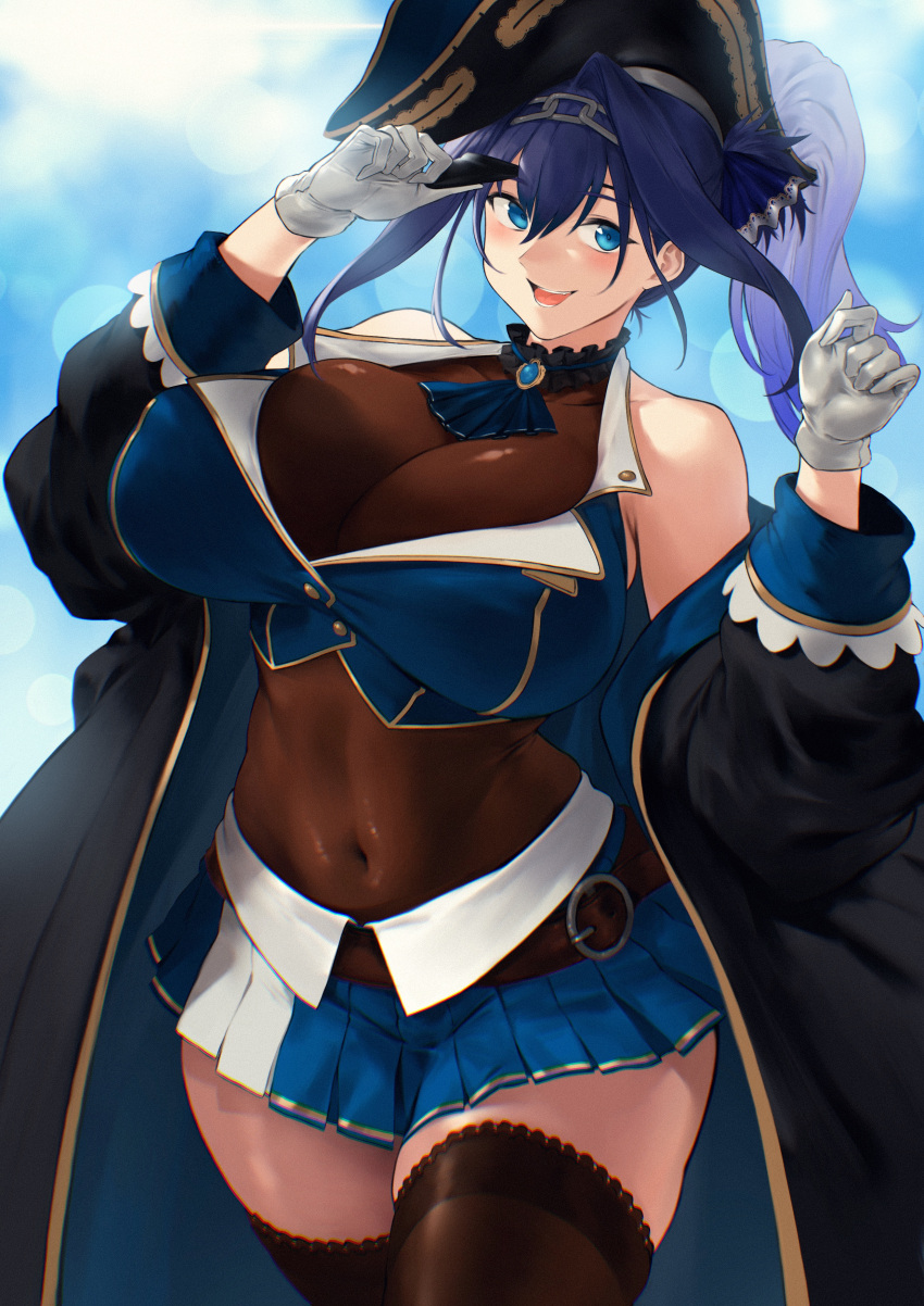 1girl absurdres ascot belt bicorne black_jacket blue_ascot blue_hair blue_hoodie blue_jacket blue_ribbon blue_sky blurry blush bokeh breasts brooch brown_leotard brown_thighhighs cleavage cloud cosplay covered_navel cropped_jacket depth_of_field epaulettes eyepatch hair_ribbon hat highres hololive hololive_english hood hoodie horizon houshou_marine houshou_marine_(cosplay) jacket jewelry lace-trimmed_thighhighs lace_trim large_breasts leotard leotard_under_clothes looking_at_viewer midriff ocean off_shoulder ouro_kronii pleated_skirt ribbon rowkiba skirt sky sleeveless sleeveless_jacket sleeves_past_wrists small_breasts smile solo teeth thighhighs thighs twintails virtual_youtuber water zettai_ryouiki