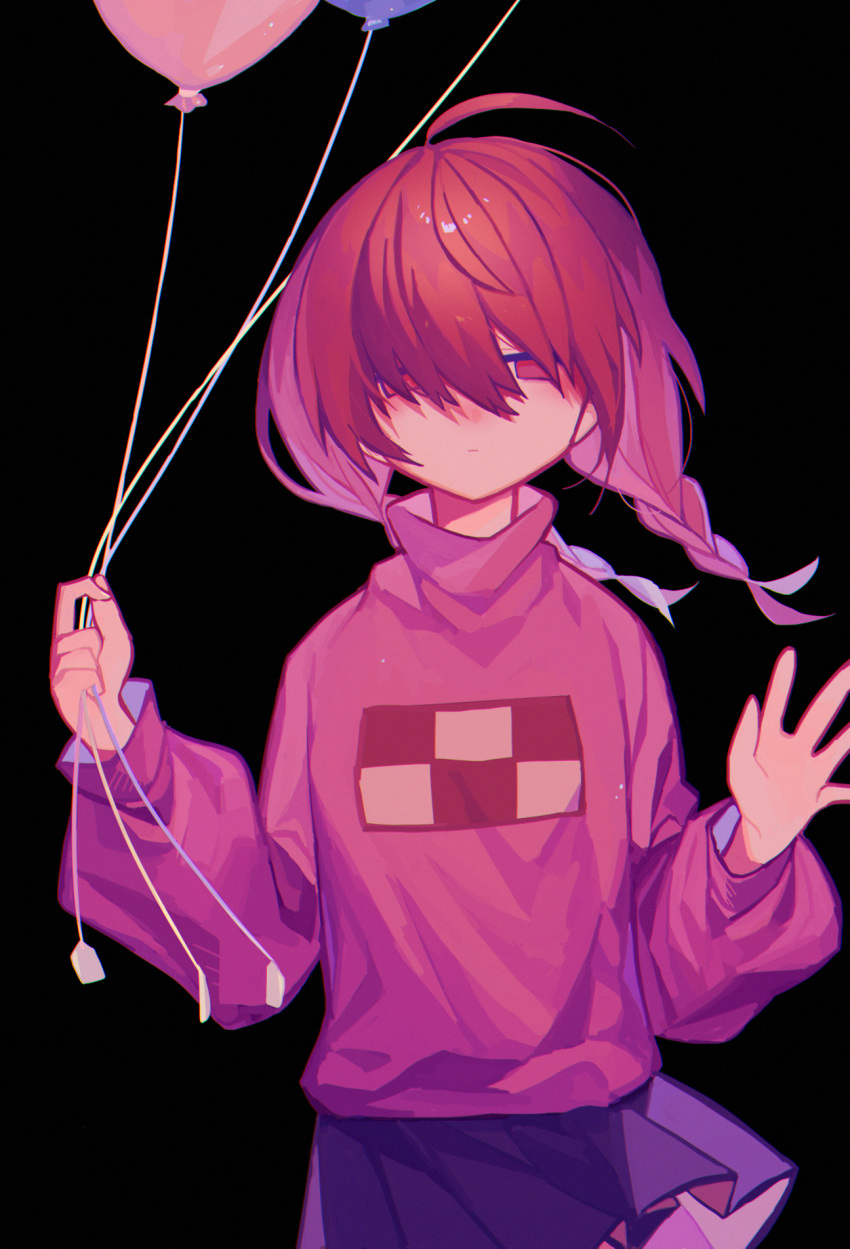 1girl ahoge balloon black_background braid brown_hair chromatic_aberration empty_eyes expressionless hair_over_eyes hand_up highres holding holding_balloon long_hair long_sleeves looking_at_viewer madotsuki pink_sweater purple_skirt red_eyes simple_background skirt solo stylishtrash sweater symbol-shaped_pupils turtleneck turtleneck_sweater twin_braids yume_nikki