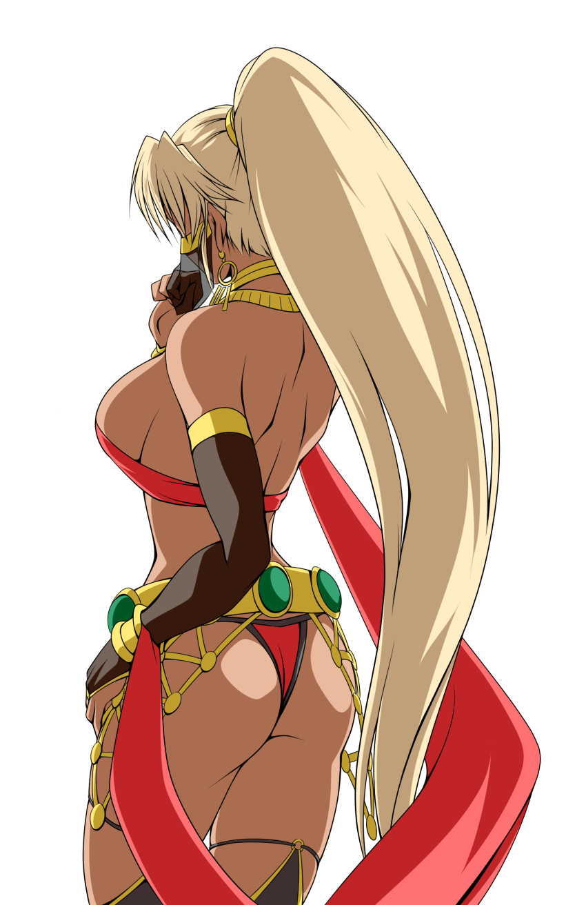 1girl absurdres airem0213 ass blonde_hair breasts dark-skinned_female dark_skin earrings facing_away highres jewelry large_breasts long_hair mask mouth_mask ponytail sasha_(sennen_sensou_aigis) sennen_sensou_aigis simple_background solo standing thong very_long_hair white_background