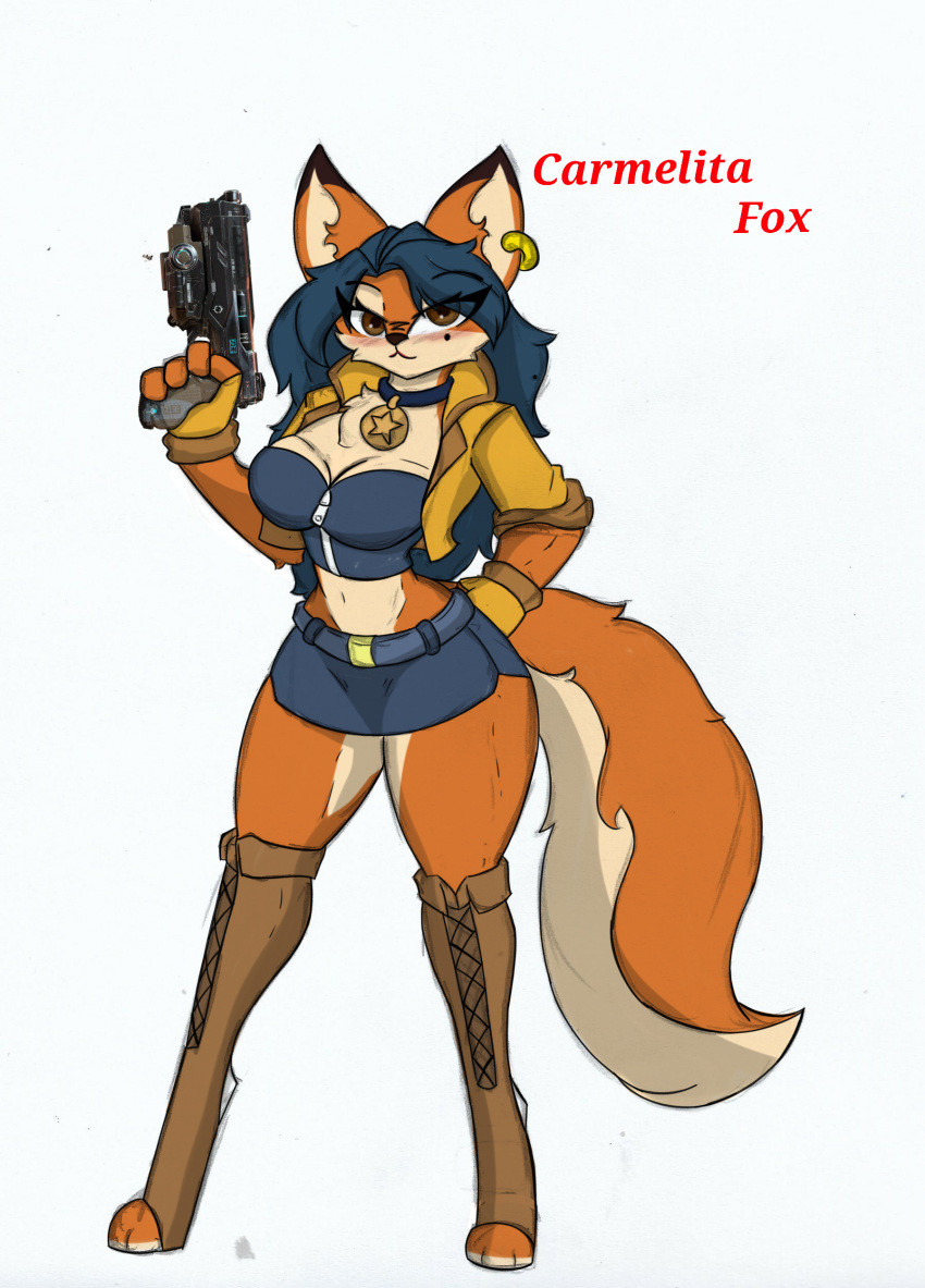 absurd_res anthro big_breasts blush bottomwear breasts carmelita_fox clothing collar female gun handgun hi_res jacket miniskirt pace-maker ranged_weapon skirt sly_cooper_(series) solo sony_corporation sony_interactive_entertainment sucker_punch_productions thick_thighs topwear video_games weapon