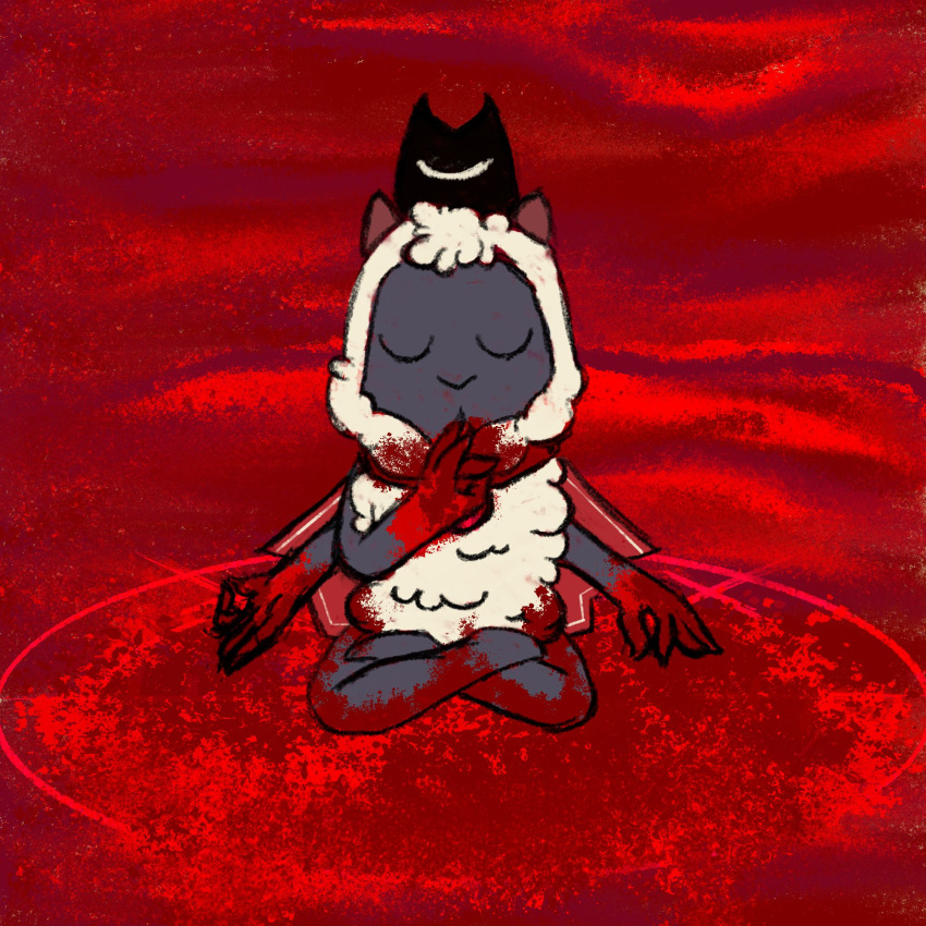 abstract_background ambiguous_gender anthro blood blood_on_floor blood_splatter bodily_fluids bovid caprine cover_art covered_in_blood cult_of_the_lamb hi_res lamb_(cult_of_the_lamb) magic magic_circle mammal meshuggah parody red_crown_(cult_of_the_lamb) rottenshangrila sheep solo