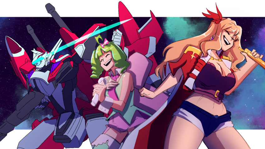 2girls ^_^ blonde_hair blue_shorts breasts closed_eyes cosmikaizer cropped_jacket green_hair green_shirt hand_on_own_chest highres holding holding_microphone jacket large_breasts long_hair macross macross_frontier macross_frontier:_sayonara_no_tsubasa mecha microphone midriff multiple_girls music navel purple_skirt ranka_lee red_jacket robot sheryl_nome shirt short_hair short_shorts shorts singing sketch skirt sleeveless sleeveless_shirt smile variable_fighter yf-29