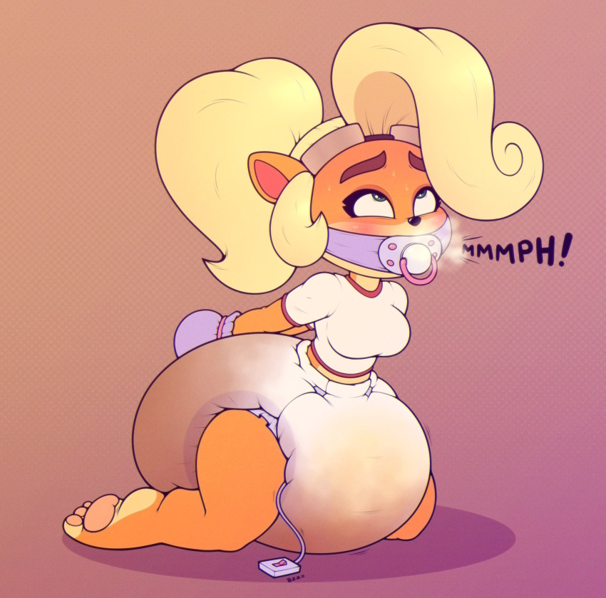 &lt;3 activision anthro barefoot blush bodily_fluids breath coco_bandicoot crash_bandicoot_(series) diaper diaper_fetish feces feet female hi_res looking_pleasured messy_diaper midriff navel restraints sex_toy soiling solo stunnerpony sweat vibrator video_games