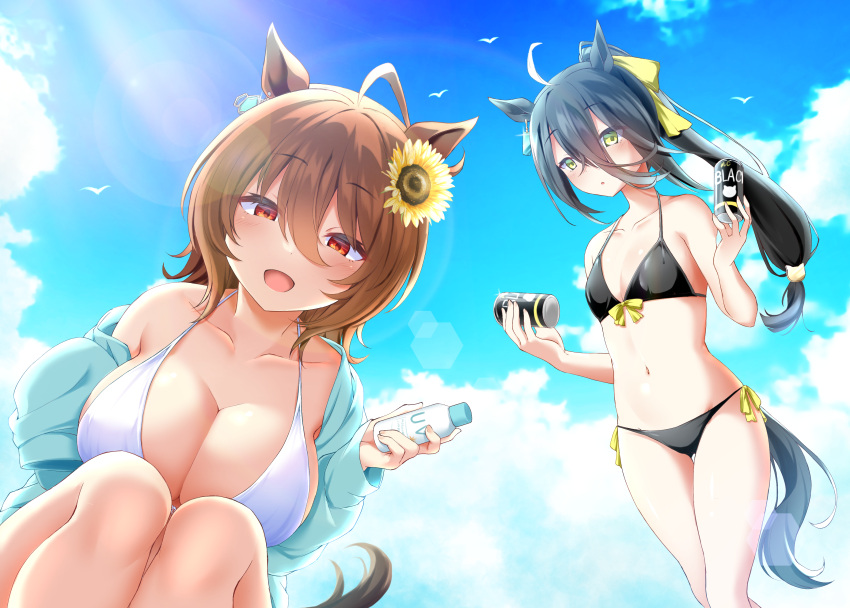 2girls :d absurdres agnes_tachyon_(umamusume) ahoge bikini bird black_bikini black_hair blue_jacket blue_sky bottle breast_envy breasts brown_hair can cleavage cloud collarbone commentary_request day earrings flower front-tie_bikini_top front-tie_top hair_between_eyes hair_flower hair_ornament hair_ribbon highres holding holding_bottle holding_can horse_girl jacket jewelry large_breasts long_hair looking_at_viewer manhattan_cafe_(umamusume) multiple_girls nonexistent_memories_(jujutsu_kaisen) off_shoulder outdoors red_eyes ribbon ryochapu seagull short_hair side-tie_bikini_bottom single_bare_shoulder single_earring sky small_breasts smile squatting standing sunflower swimsuit umamusume very_long_hair white_bikini yellow_eyes yellow_ribbon