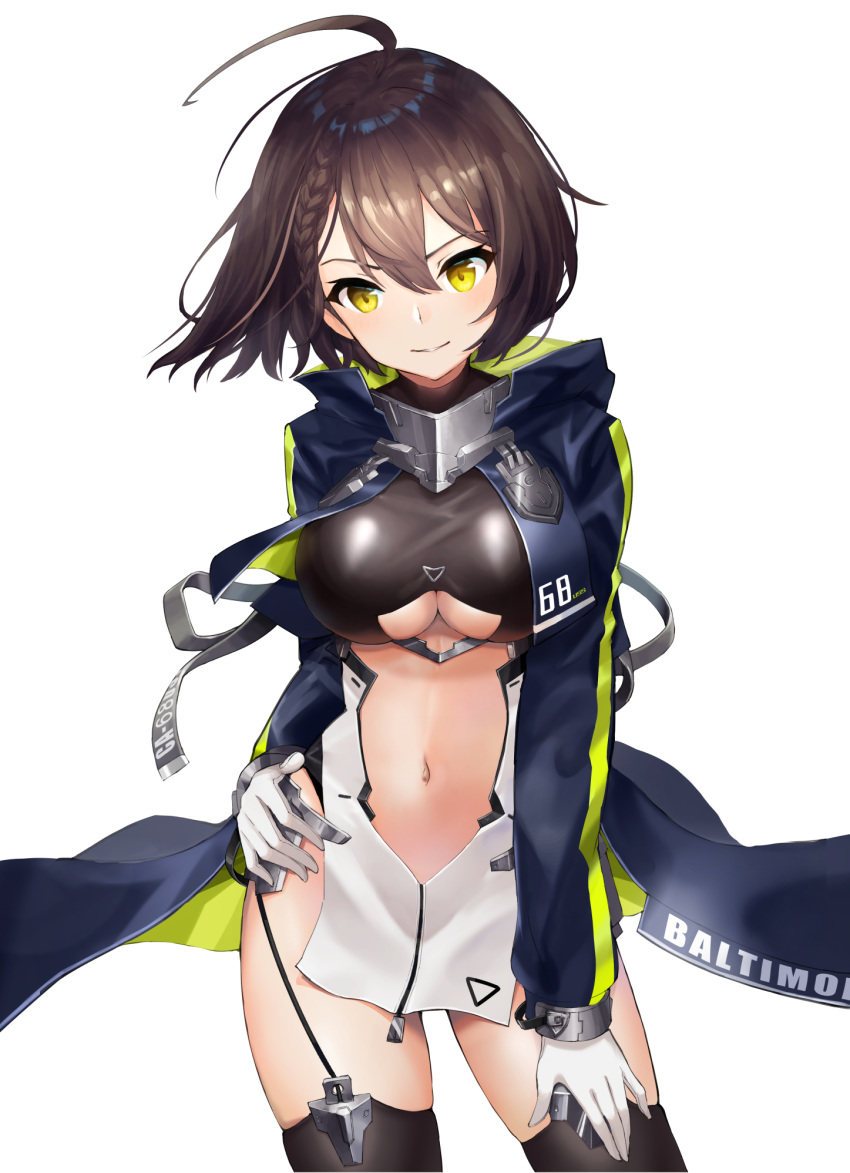1girl ahoge azur_lane baltimore_(azur_lane) bangs black_shirt black_thighhighs blue_coat braid breasts brown_hair center_opening character_name closed_mouth clothes_writing clothing_cutout coat commentary cowboy_shot dress french_braid garter_straps gloves hair_between_eyes hand_on_hip hand_on_own_thigh highres hood hood_down hooded_coat large_breasts long_sleeves looking_at_viewer matsuhisa_(ryo-tsuda1) multicolored_coat navel pelvic_curtain shirt short_hair sidelocks skindentation smile solo standing stomach stomach_cutout taut_clothes taut_shirt thighhighs underboob underboob_cutout white_dress white_gloves yellow_eyes zipper zipper_pull_tab