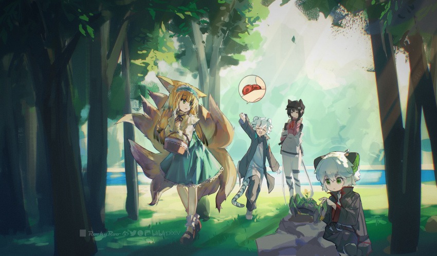 2boys 2girls :o absurdres animal animal_ear_fluff animal_ears arknights bangs black_footwear black_jacket black_pants blonde_hair blue_hairband blue_skirt bug character_request commentary_request crossover day forest fox_ears fox_girl fox_tail frilled_hairband frills green_eyes hair_between_eyes hairband hand_up highres holding holding_animal jacket kitsune ladybug long_hair long_sleeves luoxiaohei multiple_boys multiple_girls nature official_alternate_costume open_clothes open_jacket outdoors pants parted_lips pink_shirt puffy_long_sleeves puffy_sleeves rockrock_(arknights) rockyroo shirt shoes skirt sleeves_past_wrists socks standing suzuran_(arknights) suzuran_(praise_spring)_(arknights) tail the_legend_of_luo_xiaohei tiger_ears tiger_girl tiger_tail tree very_long_hair walking white_shirt white_skirt white_socks
