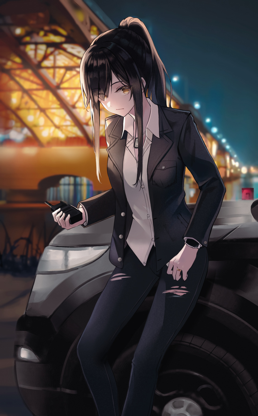 1girl absurdres bangs black_hair black_jacket black_pants bridge car collared_shirt commentary_request commission ground_vehicle highres holding holding_walkie-talkie jacket long_hair long_sleeves looking_at_viewer motor_vehicle night night_sky open_clothes open_jacket original outdoors pants pixiv_request ponytail shirt sidelocks sion_(im10042m) sky solo sports_utility_vehicle torn_clothes torn_pants walkie-talkie watch white_shirt wristwatch yellow_eyes