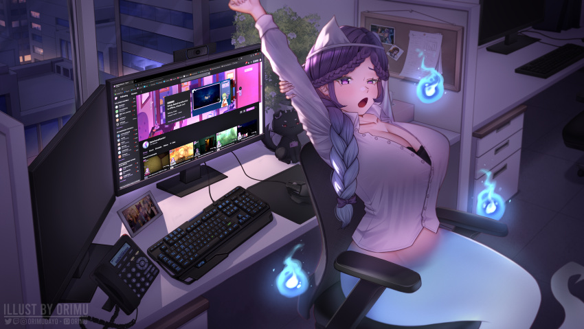 1girl absurdres arms_up black_bra bottomless bra braid braided_bangs breasts character_request cleavage collared_shirt copyright_request cubicle dress_shirt french_braid ghost highres hitodama indoors keyboard_(computer) large_breasts light_purple_hair livestream long_hair long_sleeves looking_at_viewer monitor night office_lady open_clothes open_mouth open_shirt orimu purple_eyes shirt solo stretching twitch.tv underwear virtual_youtuber white_shirt