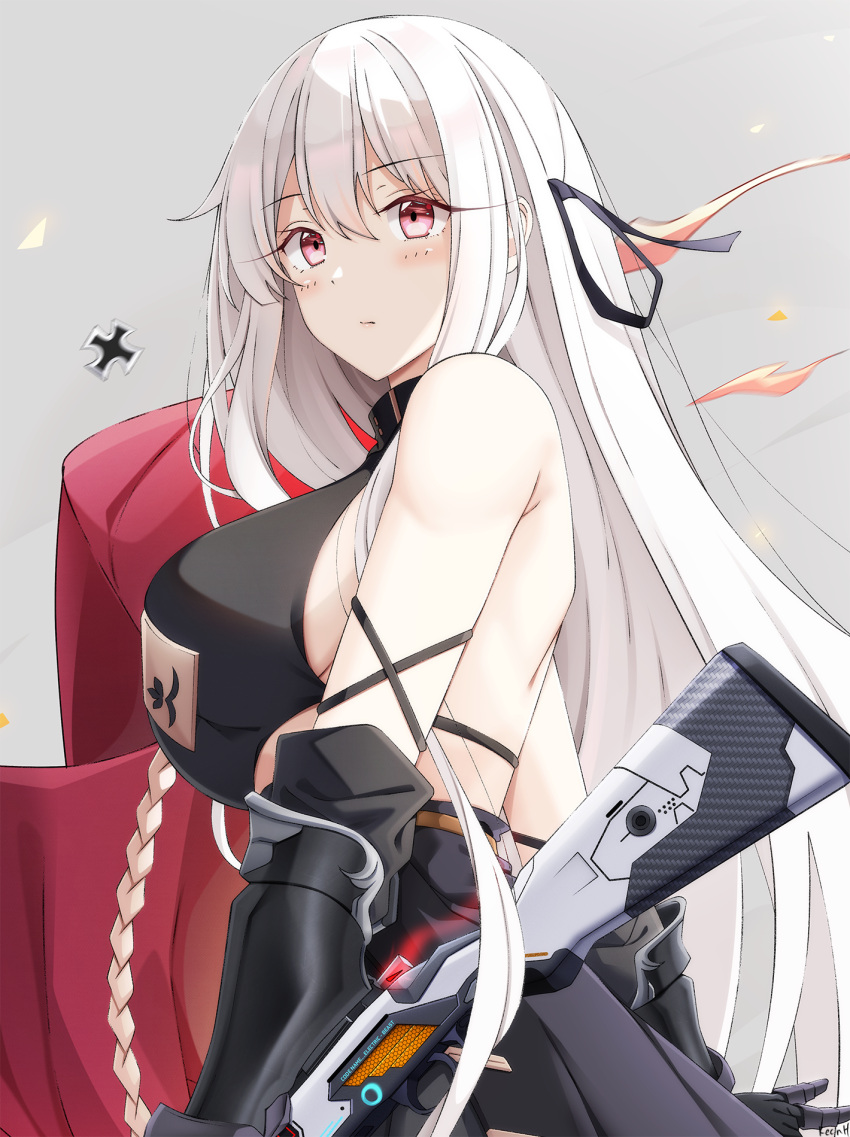 1girl bangs bare_shoulders black_gloves blush breasts closed_mouth elbow_gloves from_side girls'_frontline gloves grey_background gun hair_ornament highres kar98k_(girls'_frontline) keenh large_breasts long_hair looking_at_viewer red_eyes solo weapon white_hair