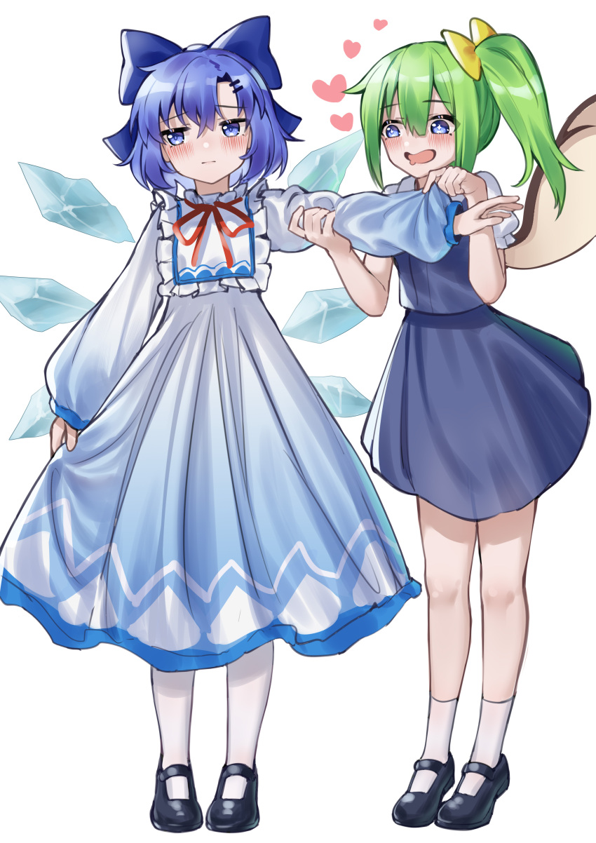 2girls absurdres adapted_costume ailu_elf bangs black_footwear blue_bow blue_dress blue_eyes blue_hair blue_skirt blue_vest bow cirno closed_mouth commentary_request daiyousei dress drooling embarrassed fairy_wings frills full_body gradient_dress green_hair hair_bow hair_ornament hairclip heart highres holding_another's_arm ice ice_wings long_hair long_sleeves looking_at_another looking_away mary_janes medium_hair mouth_drool multicolored_clothes multicolored_dress multiple_girls one_side_up open_mouth outstretched_arm pantyhose puffy_short_sleeves puffy_sleeves shirt shoes short_sleeves simple_background skirt skirt_hold socks touhou vest white_background white_dress white_pantyhose white_shirt white_socks wings yellow_bow