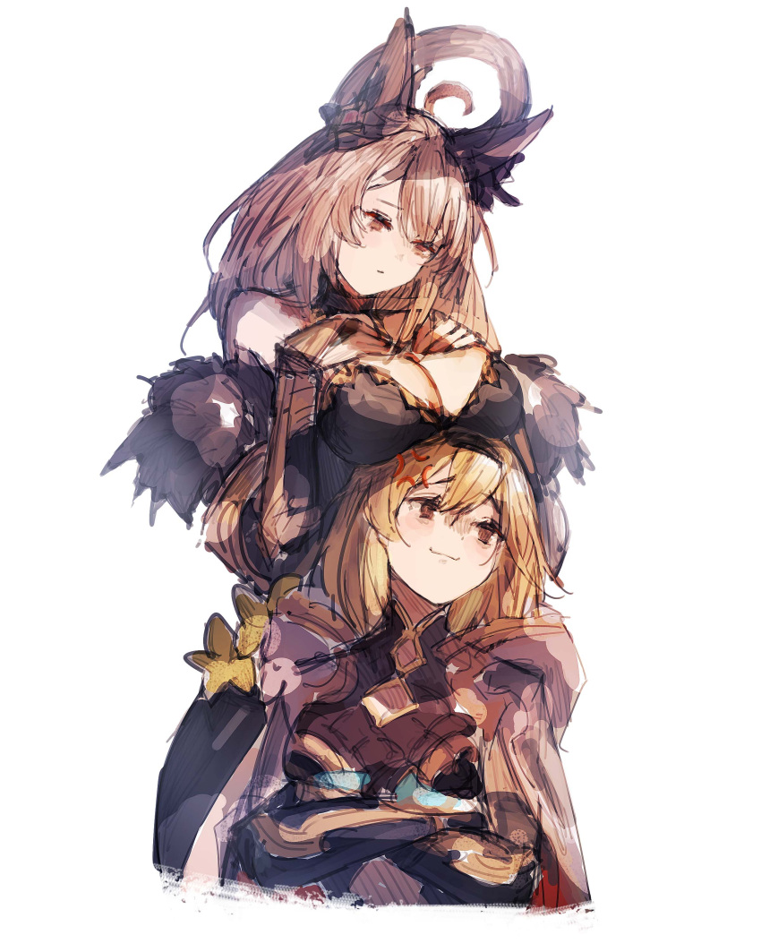 2girls absurdres anger_vein breast_rest breasts breasts_on_head cleavage crossed_arms djeeta_(granblue_fantasy) granblue_fantasy hecate_(granblue_fantasy) highres long_hair medium_breasts multiple_girls realpha short_hair