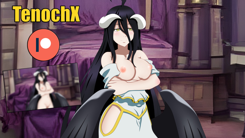 absurdres albedo_(overlord) anime_coloring black_hair breasts demon_girl highres large_breasts one_breast_out overlord_(maruyama) pale_skin patreon tenochx yellow_eyes