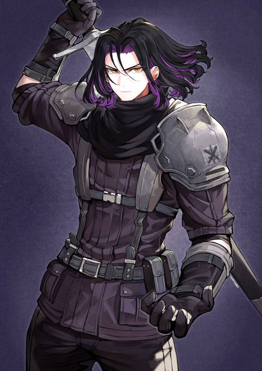 1boy arm_up armor bangs belt black_gloves black_hair black_jacket black_pants closed_mouth cowboy_shot gloves gradient gradient_background highres jacket jun_(seojh1029) long_hair male_focus orange_eyes original pants pink_hair pouch shiny shiny_hair shoulder_armor solo weapon weapon_on_back