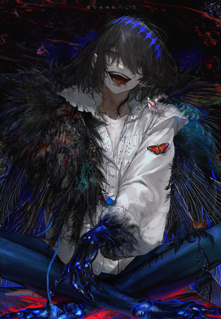 1boy arthropod_boy au_(d_elite) background_text bangs black_hair blood blue_eyes blue_pants bug butterfly claws cloak collar collared_shirt crown dark_persona diamond_hairband evil_smile eyes_visible_through_hair fate/grand_order fate_(series) feather_boa frilled_collar frills highres insect_wings long_sleeves looking_at_viewer male_focus medium_hair oberon_(fate) oberon_(third_ascension)_(fate) official_alternate_costume official_alternate_hair_color open_mouth pants puffy_sleeves shirt sitting smile solo tassel teeth white_shirt wings