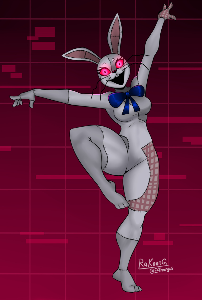 absurd_res anthro bow_tie dancing e4hargus female five_nights_at_freddy's hi_res lagomorph leporid mammal rabbit red_eyes scottgames simple_background solo vanny_(fnaf) video_games whiskers